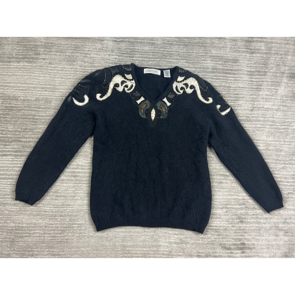 Evan Davies Sweater Womens PS Angora Lambswool Beaded Leather Applique V-Neck